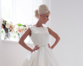White Halter Tea Length Wedding Dress