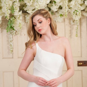 Grace Philips original by House of Mooshki, Lourdes, one shoulder beaded fishtail ivory mikado wedding dress