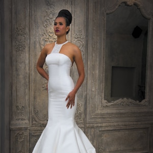 Grace Philips/House of Mooshki original Tabitha, Halter neck ivory mikado satin fishtail wedding dress with crystal and diamante beading