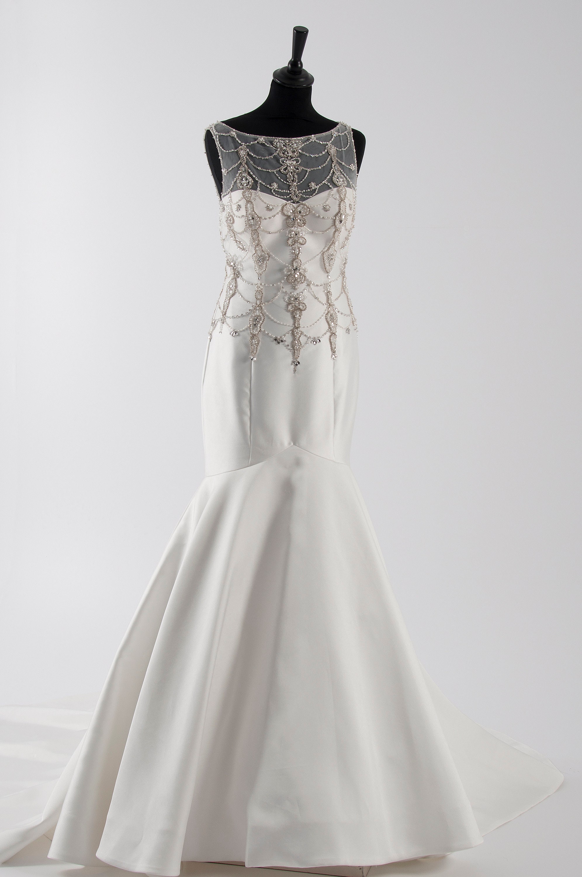 House of Mooshki/Grace Philips original sample, ivory mikado fishtail with heavy beading to illusion neckline and sweetheart bodice
