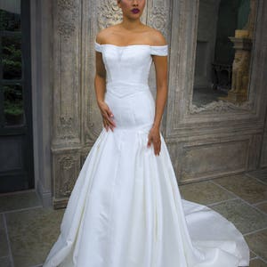 Grace Philips Original- Gabriella. Ivory Mikado Fit and Flare wedding dress with off the shoulder beaded sleeves