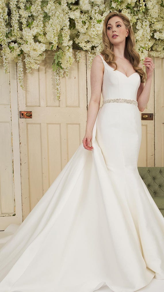 A Fishtail Wedding Dress With Sweetheart Neckline ,delicate Shoulder Straps  With a Beaded Belt Around the Waist in Stunning Ivory Mikado - Etsy