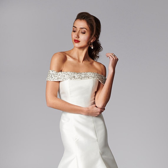 Grace Philips Original Tatiana, Sleek Mikado Fit Ad Flare Wedding Dress with Open Back and Diamante Details.
