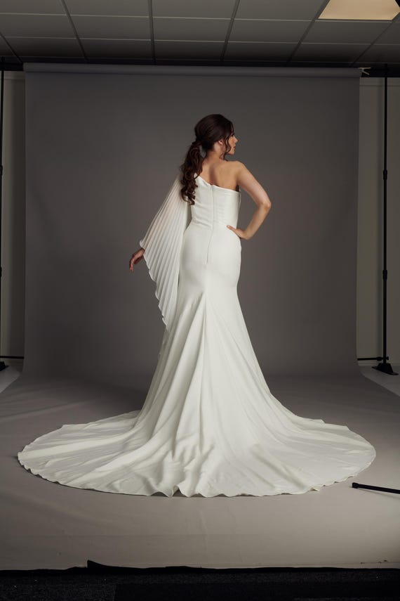 Linnea is a Asymmetric Ivory Crepe Mermaid Wedding Dress With Pleated  Chiffon Sleeve in Ivory - Etsy
