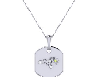 Leo Lion Peridot & Diamond Constellation Tag Pendant Necklace in Sterling Silver