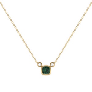 Cushion Cut Emerald & Diamond Birthstone Necklace In 14K Yellow Gold