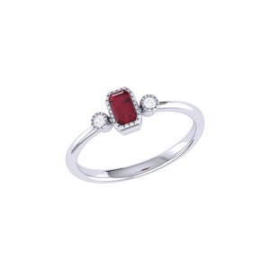 Emerald Cut Ruby & Diamond Birthstone Ring In 14K White Gold