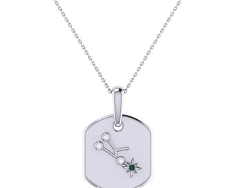 Taurus Bull Emerald & Diamond Constellation Tag Pendant Necklace in Sterling Silver