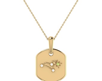 Leo Lion Peridot & Diamond Constellation Tag Collar Colgante en Oro Amarillo de 14 Quilates