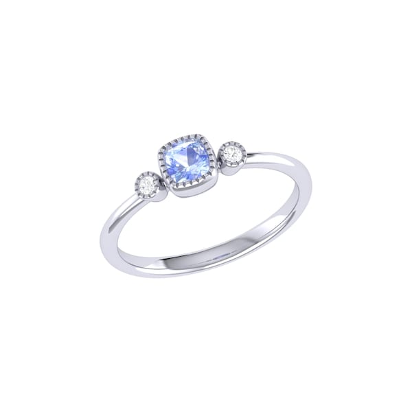 Cushion Cut Tanzanite & Diamond Birthstone Ring In 14K White Gold