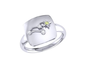 Leo Lion Peridot & Diamond Constellation Signet Ring in Sterling Silver