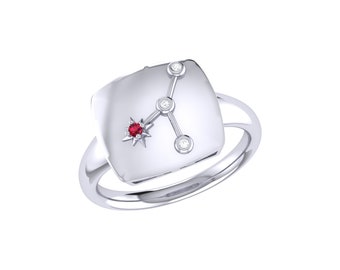 Cancer Crab Ruby & Diamond Constellation Signet Ring in Sterling Silver