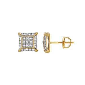 May include: A pair of square-shaped stud earrings crafted from yellow gold. Each earring features a central grid of small, clear, round-cut stones surrounded by a border of additional stones, complete with a threaded post and screw-back closure.