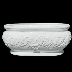 White Ceramic Cachepot Planter, Italian Grape Vine Relief, Vintage Mid Century Tureen”