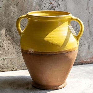 Handmade Hungarian Pottery- Large Rustic confit Pot- with Yellow Glazed rim