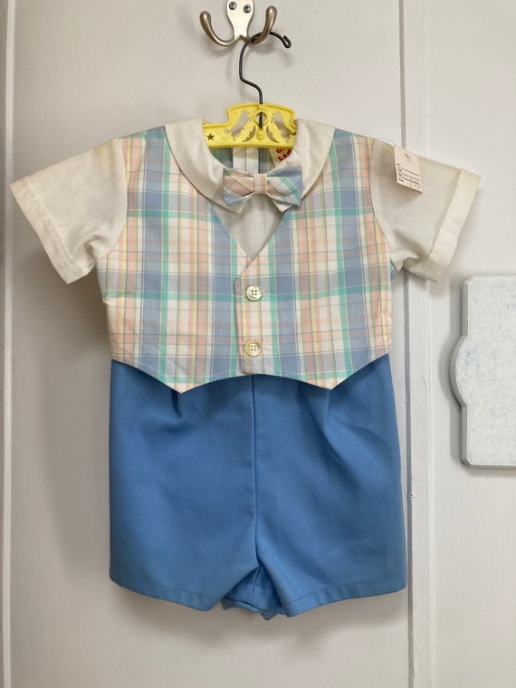 Vintage Baby Boy Plaid Overalls Bib Shorts Gone Fishi… Gem
