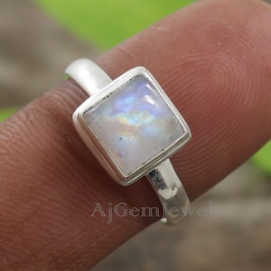Natural Rainbow Moonstone Ring, 925 Sterling Silver Ring, Square Moonstone Ring, Handmade Ring, Healing Stone Ring, Valentine Best Gift Ring