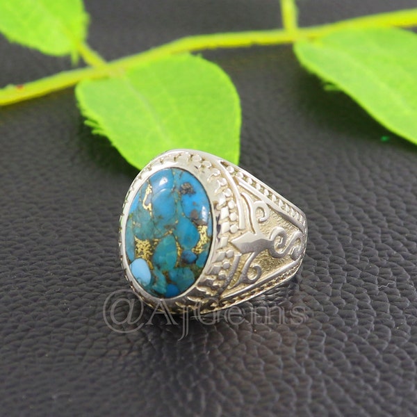 Turquoise Mens Ring, Turkish Handmade Silver, Vintage Silver Men Ring,Ottoman Men Ring, Signet Blue Turquoise Ring, 925 Sterling Silver Ring