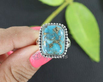 Genuine Turquoise Ring, Silver Turquoise Ring, Copper Turquoise Ring, 925 Sterling Silver Ring, Blue Turquoise Ring, Valentine's Women Ring