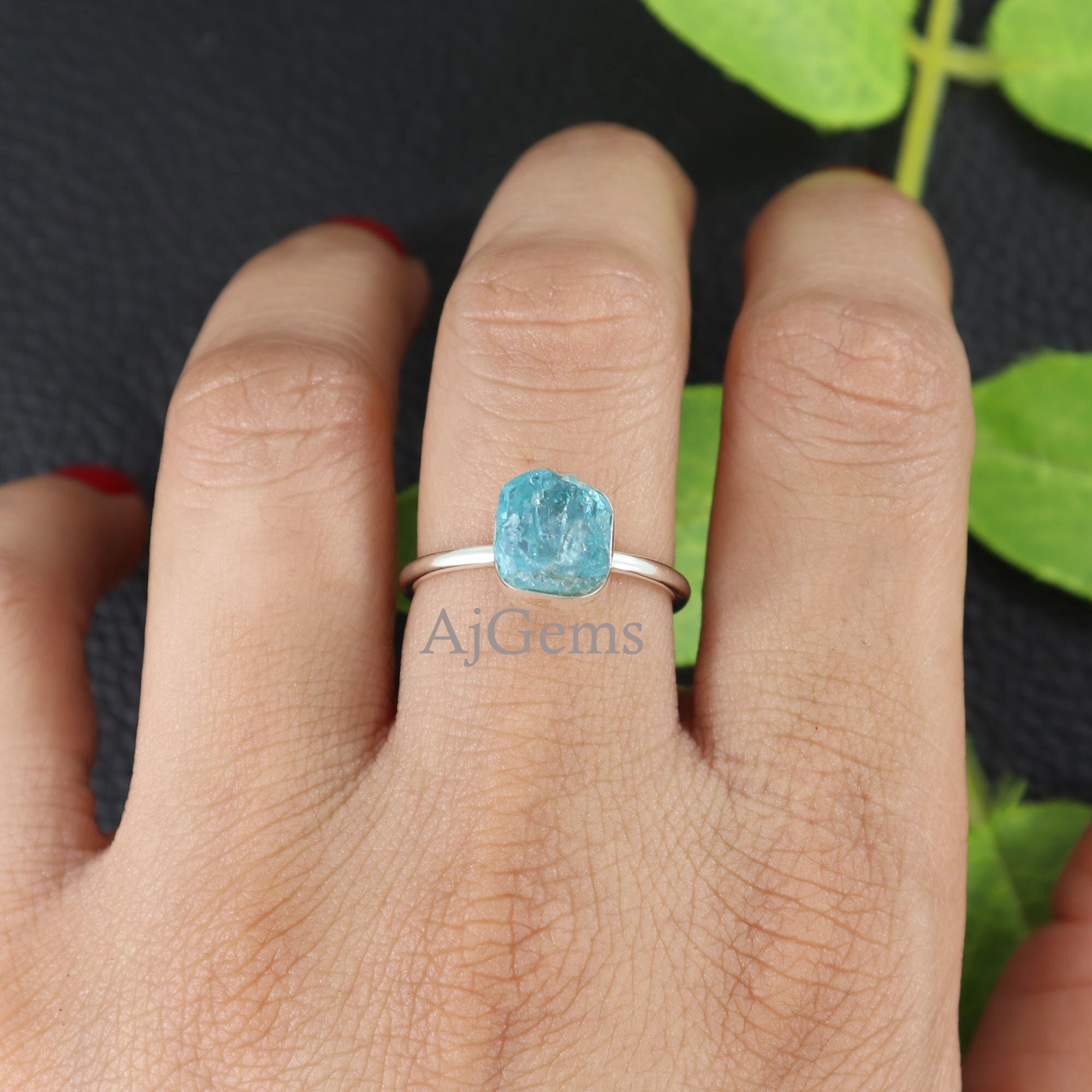 Blue Apatite Ring 925 Sterling Silver Apatite Ring Raw Apatite Crystal Ring-S086 Blue Apatite Ring 925 Sterling Silver Apatite Ring Raw Apatite Crystal Ring-S086
