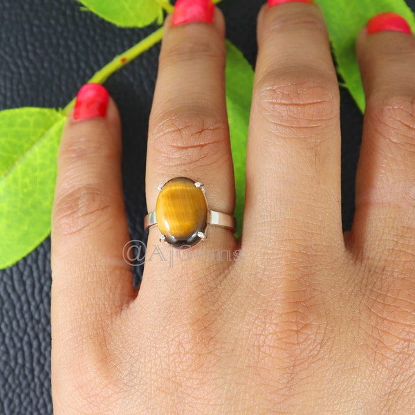 Tiger Eye Ring, 925 Sterling Silver Ring, Oval Gemstone Ring, Boho Ring, Crystal Ring, Handmade Jewelry, Statement Ring, Ring For Women Gift