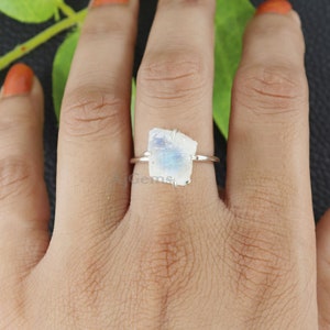 Raw Moonstone Ring, Raw Crystal Ring, Rainbow Moonstone 925 Sterling Silver Ring, Healing Stone Ring, Birthday Gift Ring, Women Silver Ring