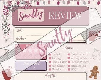 Smutty Christmas Printable book review template, print at home planner insert avid readers, book reading log and review page, reading diary