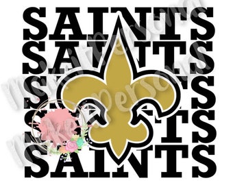 May include: Black and gold graphic design with the word "Saints" repeated multiple times. A fleur-de-lis is in the center of the design.