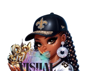 May include: A digital illustration of a Black woman with long braids wearing a black and gold baseball cap with a fleur-de-lis logo, a white jersey with a gold fleur-de-lis logo, and large diamond earrings. She is holding a gold and black "Saints" sign with a fleur-de-lis logo. The text "VISUAL Vibes STUDIO" is in purple and white.