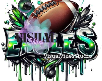 May include: A green and black graphic design featuring the word "EAGLES" in large, bold lettering. The words "VISUAL VIBES STUDIO" are written in smaller letters below "EAGLES". A football is included in the design, with green and black dripping paint effects.