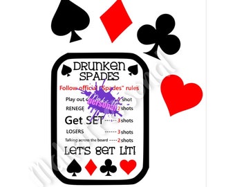 Op de afbeelding: Een zwart-witte printbare spelkaart met de tekst "Drunken Spades" en instructies voor het spelen van een drinkspel. De kaart toont vier speelkaartsymbolen: schoppen, ruiten, klaveren en harten.