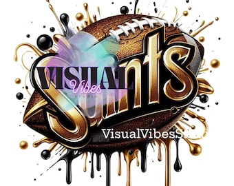 Puede incluir: Un balón de fútbol dorado y negro con la palabra "Saints" en letras doradas y el texto "Visual Vibes Studio" debajo. El balón de fútbol está rodeado de salpicaduras de pintura doradas y negras.