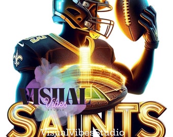 May include: Digital art of a football player in a black and gold uniform, holding a football. The image features the text "SAINTS" in gold lettering, with the team's logo on the helmet and uniform.