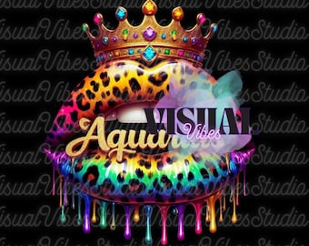 Aquarius Lips PNG: Leopard Print Crown, Colorful Drip (Digital Download)