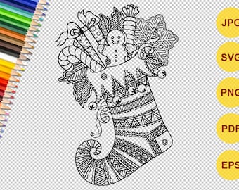 Calcetín de Navidad SVG (#2) en estilo mandala, regalos de Navidad svg, zentangle svg, Archivos para imprimir o colorear. Arte de archivos digitales, Png, SVG