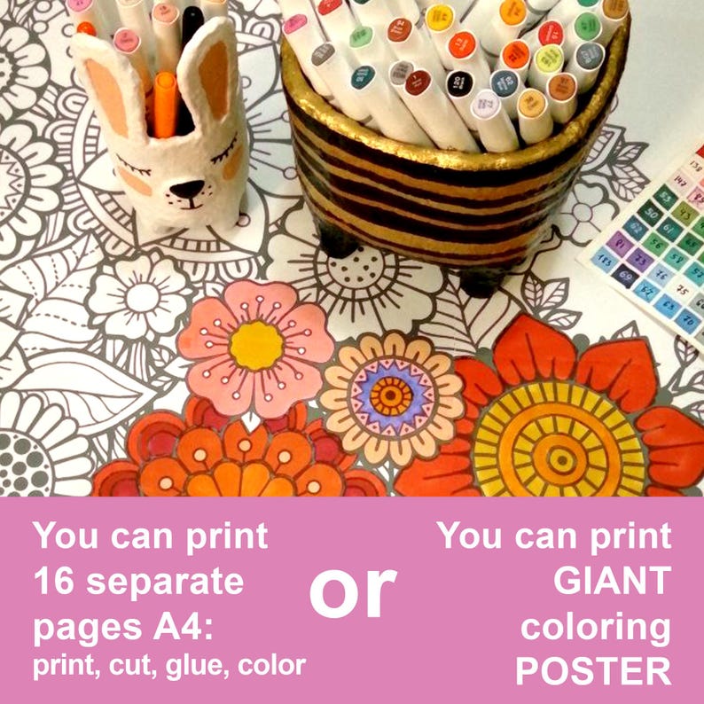 May include: A black and white colouring page with a floral design. You can print 16 separate A4 pages or print a giant colouring poster.