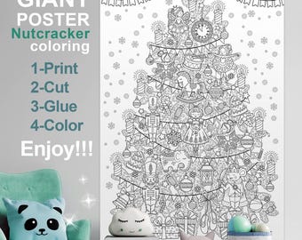Árbol de Navidad gigante de Cascanueces para colorear / Póster imprimible para colorear