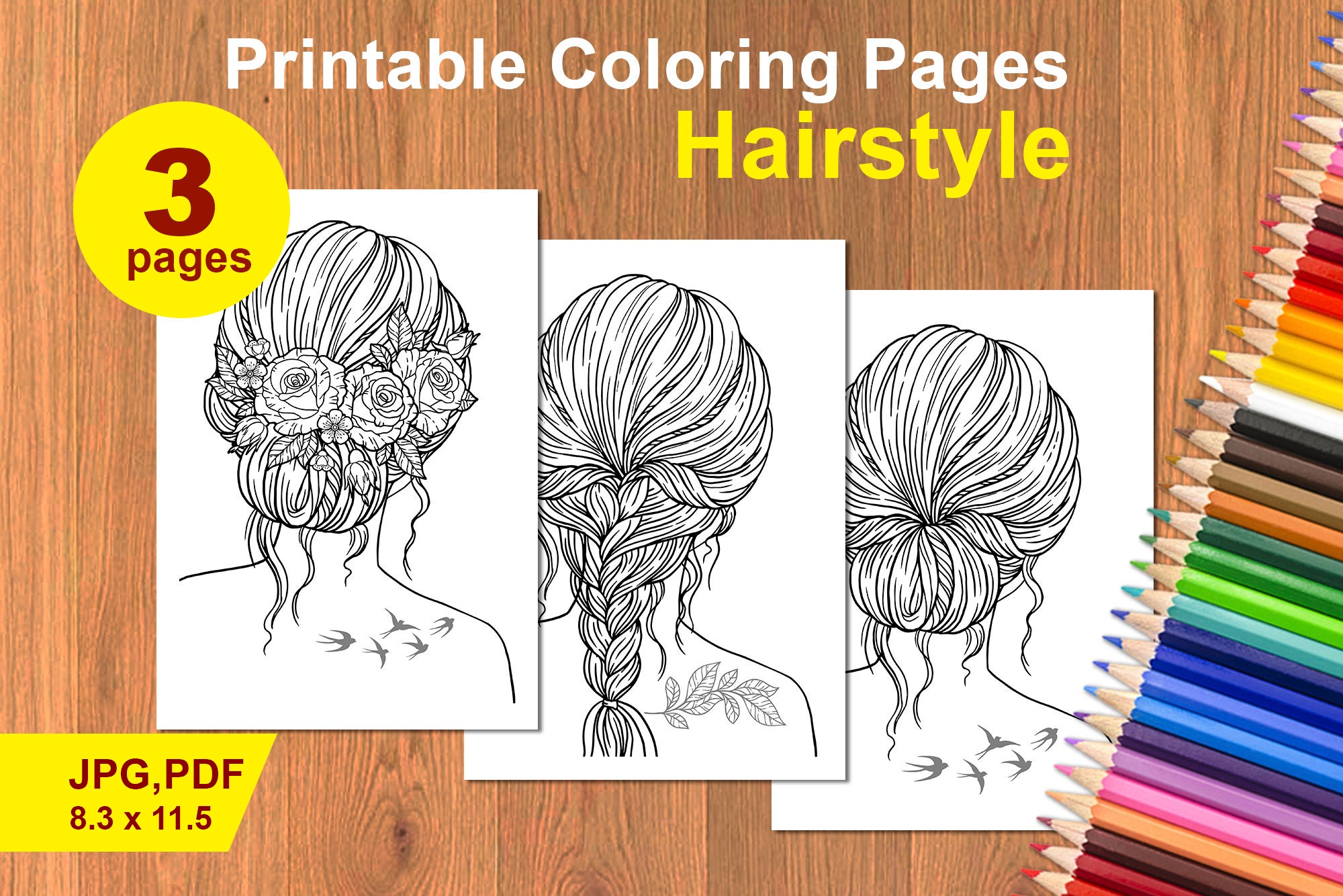 Printable Coloring pages Hairstyle for girls. PDF coloring | Etsy