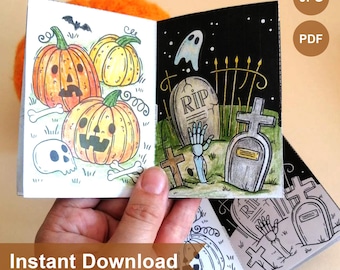 Minuscule mini-livre de coloriage Halloween | Livre de coloriage noir | pages numériques imprimables JPEG, fichier PDF | Format A4 | Bricolage d&#39;Halloween pour les enfants