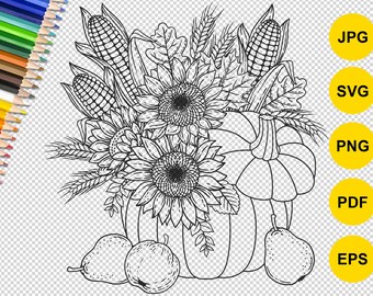 Día de Acción de Gracias, Cosecha, Otoño para colorear, girasoles y calabazas. Png, SVG, jpeg