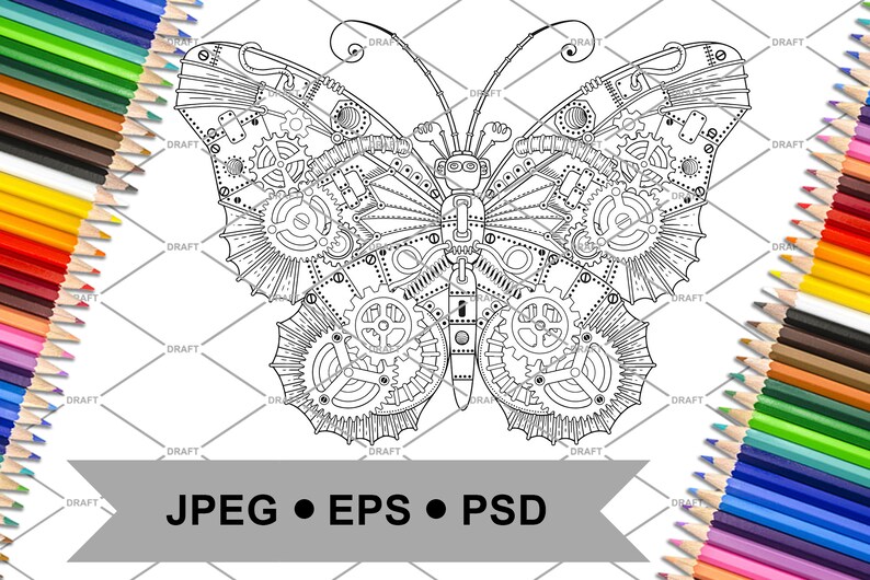 Download Steampunk butterfly coloring page for adults. Vector ...
