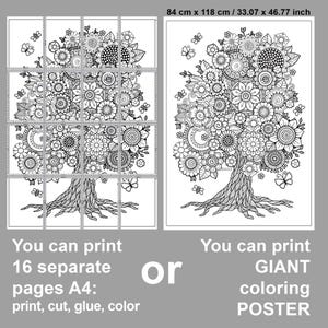 May include: A black and white colouring page of a large tree with intricate floral details. The image is divided into 16 sections, which can be printed and assembled to create a giant poster. You can print 16 separate pages A4: print, cut, glue, colour or print a GIANT colouring POSTER.