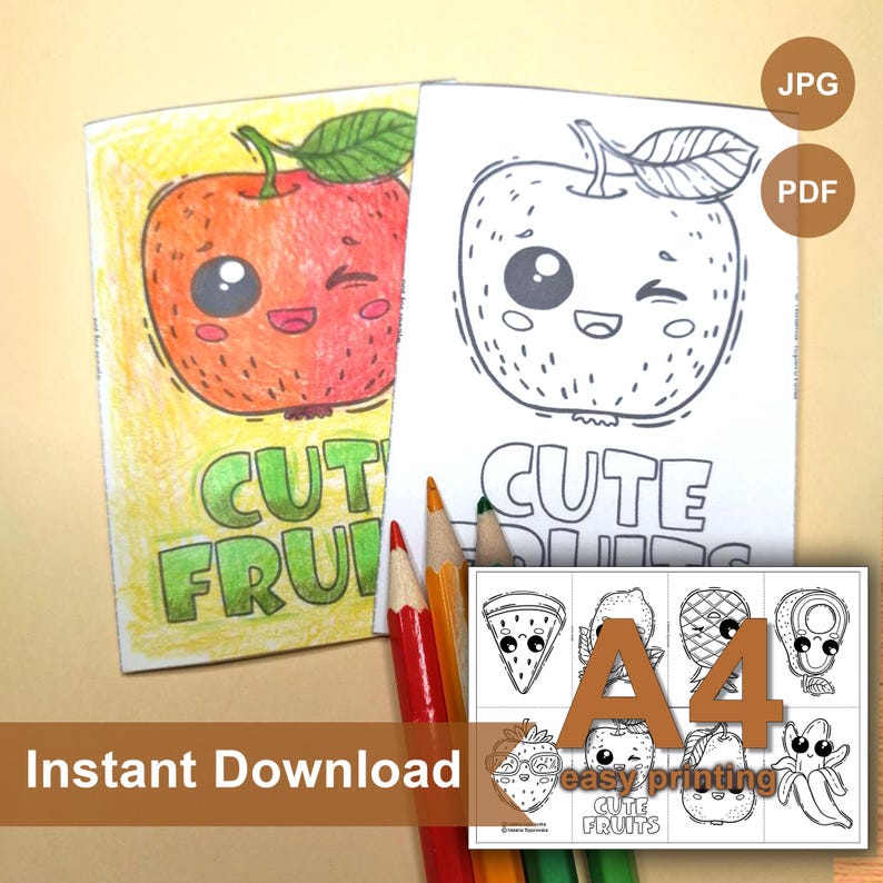 May include: A printable coloring page featuring a cute cartoon apple with a winking face. The page is labeled "Cute Fruits" and is available in both JPG and PDF formats. The image also shows a sample of other fruits included in the set, such as a watermelon, pineapple, and banana.