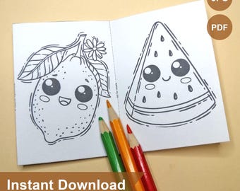 Petit mini livre de coloriage | Livre de coloriage imprimable Fruits mignons | pages numériques imprimables JPEG, fichier PDF | Format A4 | DIY pour les enfants