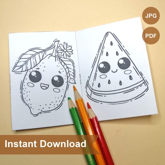 Tiny Mini Colouring Book | Printable Cute Fruits coloring book | digital printable pages JPEG, PDF file | A4 size | DIY for kids