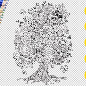 Mandala SVG de árbol en flor. Página para colorear zentangle para imprimir. Arte mural en formato digital, PNG, SVG, jpg