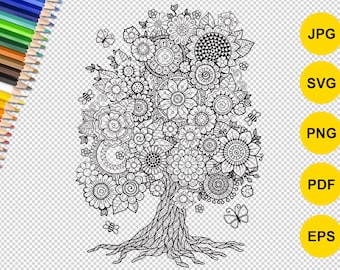 SVG mandala Blossom tree.  Printable zentangle coloring page. Digital file wall art, Png, SVG, jpg