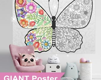 Mariposa gigante para colorear / Póster para colorear imprimible / Zona de fotos, entretenimiento para colorear para niños, decoración para fiesta de cumpleaños