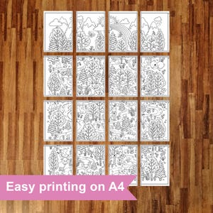 May include: Twelve black and white coloring pages featuring a woodland theme. Each page includes a variety of trees, animals, and other nature elements. The pages are designed for easy printing on A4 paper.