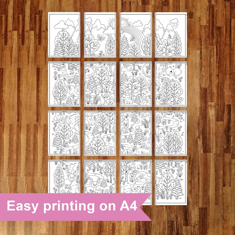 May include: Twelve black and white coloring pages featuring a woodland theme. Each page includes a variety of trees, animals, and other nature elements. The pages are designed for easy printing on A4 paper.